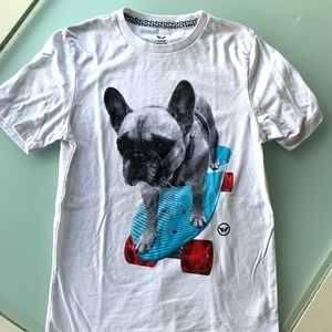 Shaun White (famed skateboard pro) pug on a skateboard t-shirt